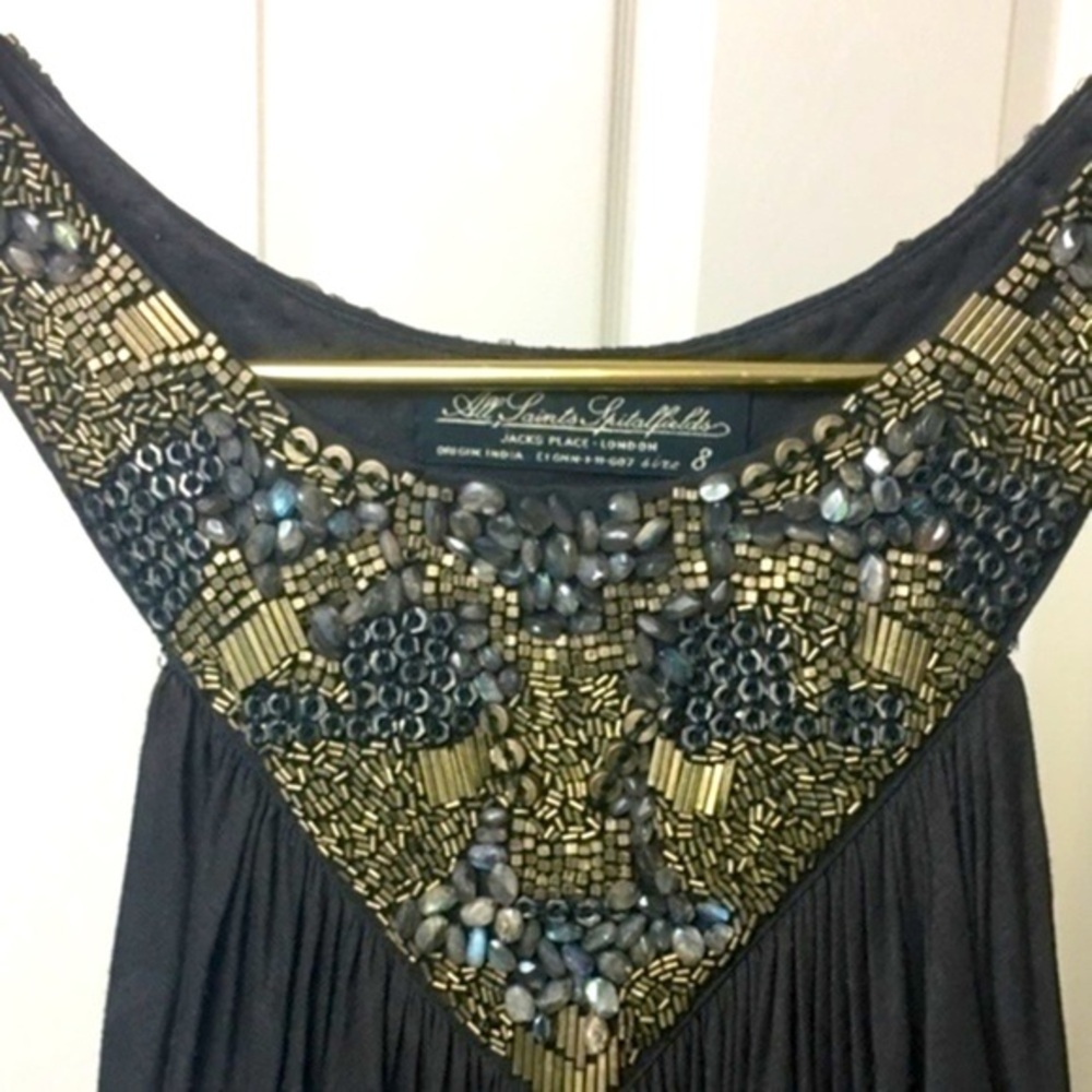 All Saints gemstone laborite stones brass beaded embellished draped Akiko top